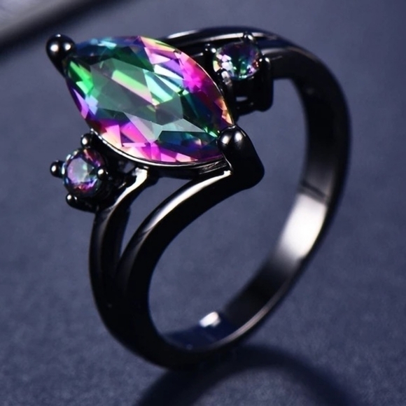 Women Marquise Cut Rainbow, Ring 14KT Black Gold - Picture 2 of 5